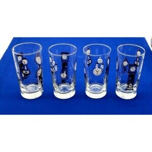 4 VINTAGE LIBBEY HIGH BALL GLASSES BLACK GOLD TIME PIECES CLOCKS